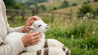 Farmer holding young white lamb in rural countryside setting with green pasture and wooden fence in background during daytime.