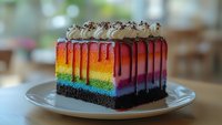 Vibrant rainbow layered cake slice with chocolate drip and whipped cream topping on white plate, colorful dessert featuring red, orange, yellow, green, and blue stripes.