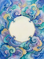 Watercolor swirling clouds frame with blank space for text in blue purple teal colors. Decorative border with ornate scrollwork and copy space for design projects.