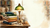 Stacked vintage books with brass reading lamp, coffee cup, and eyeglasses on wooden desk in cozy library study room interior.