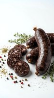 Dark blood sausage with herbs and spices on white background, traditional European cuisine ingredient for gourmet cooking and culinary recipes.