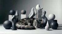 Tabby cat sleeping peacefully among modern geometric shapes and spheres in minimalist black and white studio setting for contemporary design projects.