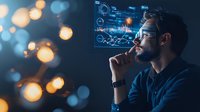 Thoughtful businessman analyzing digital charts and graphs on futuristic screen with glowing bokeh lights in dark office environment. Professional data analysis.