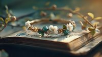 Delicate bracelet with white pearls and emerald beads resting on vintage book pages in soft natural lighting, creating romantic nostalgic atmosphere.