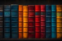 Row of vintage hardcover books arranged on wooden shelf showing colorful spines in blue, orange, and red tones creating classic library atmosphere.