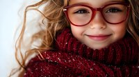 Young girl with blonde hair wearing red glasses and cozy burgundy knit turtleneck sweater smiles warmly at camera, close-up portrait showing natural happiness and innocence.