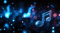 Glowing blue musical note symbol floating in dark space with bokeh lights and sparkles, creating magical atmosphere for music and entertainment concepts.