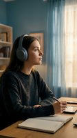 Woman wearing wireless headphones sitting at desk with notebook and tablet, listening to music or online course in bright home office with blue walls and natural window light.