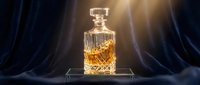 Luxury crystal whiskey decanter with amber liquid on glass platform against dark velvet backdrop with dramatic golden lighting for premium spirits advertising.