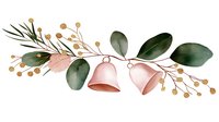 Watercolor floral arrangement with pink bell flowers, eucalyptus leaves and golden berries on white background, botanical border design element.