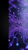 Circuit board pathways with glowing purple and blue nodes representing digital connectivity, data flow, and technology networks for computing, artificial intelligence, and electronic systems.