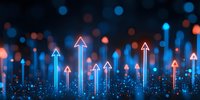 Glowing neon arrows pointing upward against dark background with blue and orange bokeh lights, symbolizing growth, success and digital transformation.
