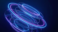Abstract neon light trails forming dynamic spiral rings in blue and purple colors on dark background for digital art and futuristic design projects.