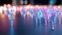 Futuristic holographic human figures walking forward with glowing outlines against colorful bokeh lights background for technology and innovation concepts.