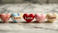 Colorful heart-shaped candies with love messages arranged in row on white surface, romantic holiday confectionery background for Valentine's Day celebrations.