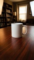 White ceramic coffee mug on wooden table in cozy home library with bookshelves and warm natural lighting for morning beverage and reading moments.