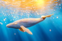 Majestic humpback whale swimming gracefully through crystal clear blue ocean waters with golden sunlight streaming from surface creating magical underwater scene.