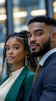 Young African American business professionals in formal attire pose confidently against urban background with bokeh lights, representing success and partnership.