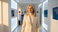 Middle-aged woman with blonde hair wearing cream blazer in modern office corridor with colleagues and digital displays in background.