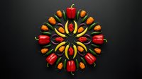 Colorful bell peppers arranged in symmetrical mandala pattern on dark background for healthy eating and vegetarian cooking concepts.