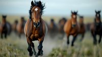 Majestic brown horse galloping with herd across dusty field, leading pack of wild horses in dramatic motion capture, mane flowing in wind, powerful movement.