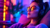 Young Asian woman in sunglasses and headphones relaxing with eyes closed in neon-lit environment, illuminated by vibrant purple and blue lights creating atmospheric nighttime mood.