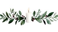 Elegant white candle surrounded by watercolor eucalyptus leaves, berries and botanical elements on white background, creating festive winter border decoration.