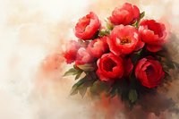 Vibrant red roses bouquet with soft watercolor effect against light beige background, romantic floral composition with delicate petals and green leaves.