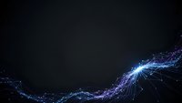 Digital network connections with glowing blue data streams and particles flowing across dark background for technology presentations.