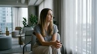 Young Caucasian businesswoman sitting thoughtfully by office window in modern corporate workspace during daytime looking contemplative and focused.