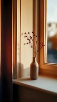 Minimalist ceramic vase with dried flowers on windowsill at sunset, casting long shadows on wall. Warm golden light creates cozy atmospheric mood.
