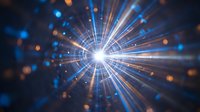 Bright starburst light explosion with radial beams and glowing particles on dark blue background for digital art and cosmic designs.