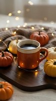 Warm mug of tea surrounded by autumn gourds and string lights on wooden board, cozy fall seasonal arrangement for holiday beverage and home decor themes.