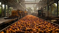 Fresh oranges on industrial conveyor belt moving through automated sorting and processing facility with sunlight streaming through glass roof.