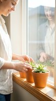 Young woman caring for succulent plants in terracotta pots on wooden windowsill at home. Indoor gardening and houseplant maintenance lifestyle concept.