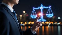 Professional businessman holding glowing digital scales of justice hologram representing legal technology, law firm services, and judicial balance concepts.