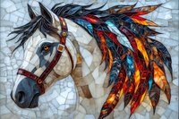 Artistic mosaic style horse head with vibrant feathered mane in blue, orange and red tones against textured background. Decorative bridle details add native spirit.