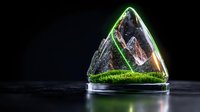 Glowing green crystal terrarium with natural minerals and moss on dark background, creating mystical atmosphere for spiritual and wellness concepts.