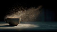 Steaming cup of coffee on dark table with golden particles floating in dramatic light beam, creating atmospheric morning ambiance.