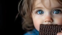 Young child with striking blue eyes holding dark chocolate bar against black background, soft lighting creates dramatic portrait highlighting innocence and curiosity.