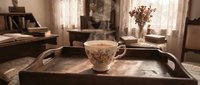 Vintage floral teacup on wooden tray in cozy rustic living room with warm natural lighting and autumn home decor for relaxation and comfort lifestyle.