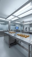 Modern pharmaceutical laboratory interior with stainless steel equipment and amber glass vials arranged on clean work surfaces for research and development.