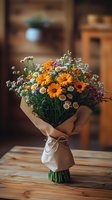 Fresh wildflower bouquet with orange gerbera daisies and white chamomile wrapped in kraft paper, tied with twine string, standing on wooden table in warm lighting.