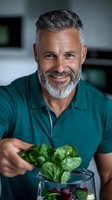 Mature man with gray beard wearing green polo shirt preparing healthy smoothie with fresh spinach leaves and berries in kitchen, wellness lifestyle concept.