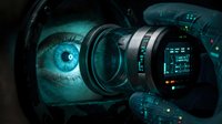 Futuristic robotic camera lens focusing on human eye with glowing blue light and digital interface elements, representing advanced technology, artificial intelligence, and vision systems for sci-fi projects.