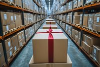 Cardboard box with red ribbon in modern warehouse aisle with rows of shelves and packages. Focus on decorated gift box against blurred storage background.