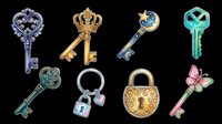 Vintage ornamental keys collection isolated on transparent background, featuring decorative heart-shaped, crown, jeweled, and floral designs. Ready for clipart, t-shirt designs, stickers, sublimation, and print-on-demand projects.