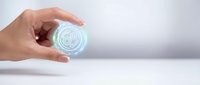 Hand holding glowing digital rose hologram with futuristic light effects on white background for technology and innovation concepts.