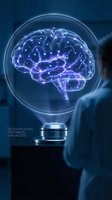 Glowing neural network brain with electric blue pathways inside holographic sphere, representing artificial intelligence, cognitive science, and digital technology innovation.