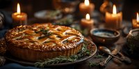 Homemade golden meat pie with flaky pastry crust and herbs on rustic wooden table with warm candlelight creating cozy dining atmosphere for holidays.